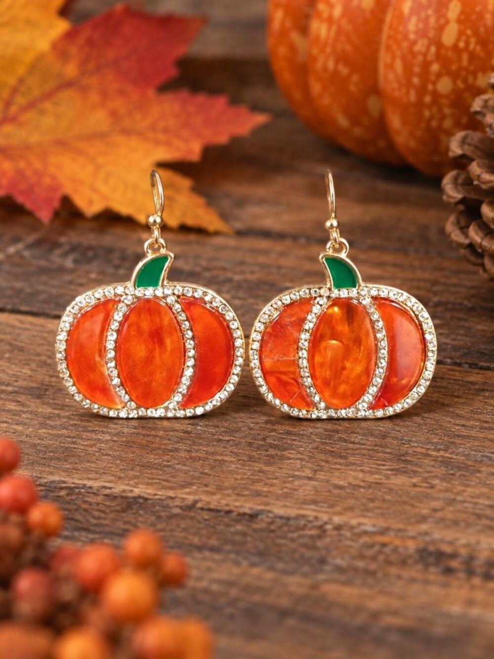 Pumpkin Rhinestone Halloween Fall Earrings Festive 1.5 Inch Orange Green Gold Da